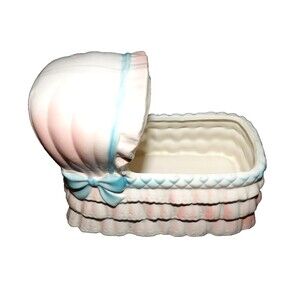 Relpo Bassinet Musical BABY Ceramic Planter Nursery Brahms Lullaby Music Box VTG